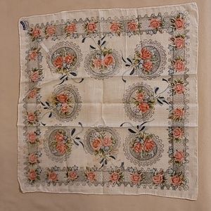 Vtg Handkerchief Duchess Printed England Floral Roses Foil Tag 12" square NWT